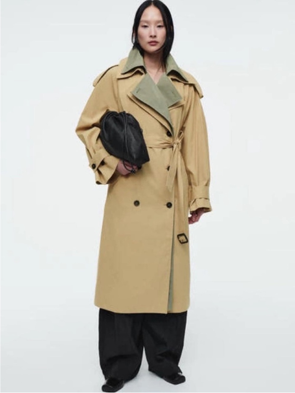COS Layered Double Breasted Trench Coat Beige Tan Sage Green Size Medium
